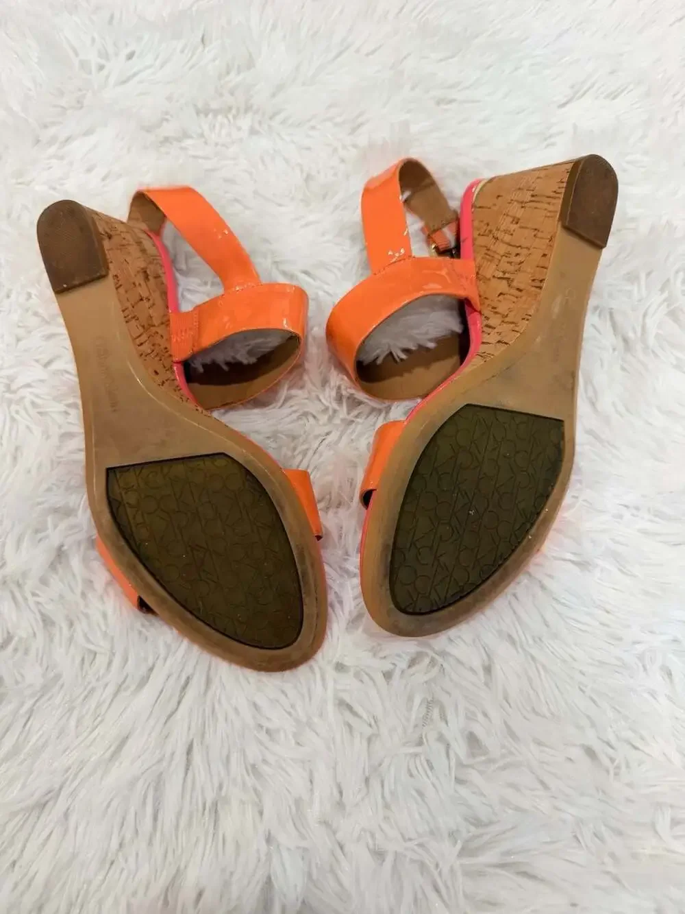 Calvin Klein Orange Patent Leather Cork Wedge Sandals